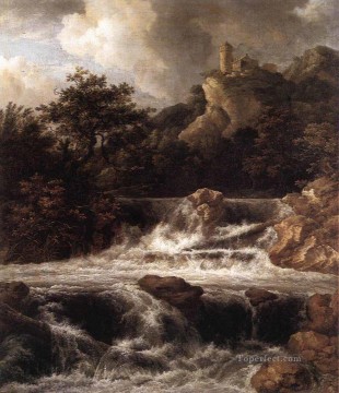 Isaakszoon Lienzo - Cascada con castillo construido sobre la roca paisaje Jacob Isaakszoon van Ruisdael